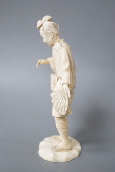 A Japanese carved ivory figure, Meiji period, of an actor, having a noh mask on the crown of his head and holding a fan, incised signature to base, height 16cm